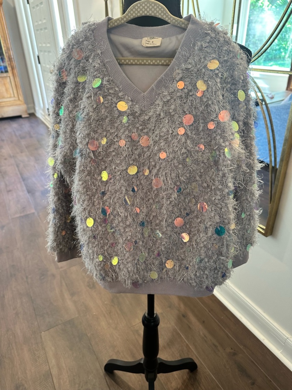 Kids Cozy Sequin Fuzzy V-Neck Sweater - Gray
